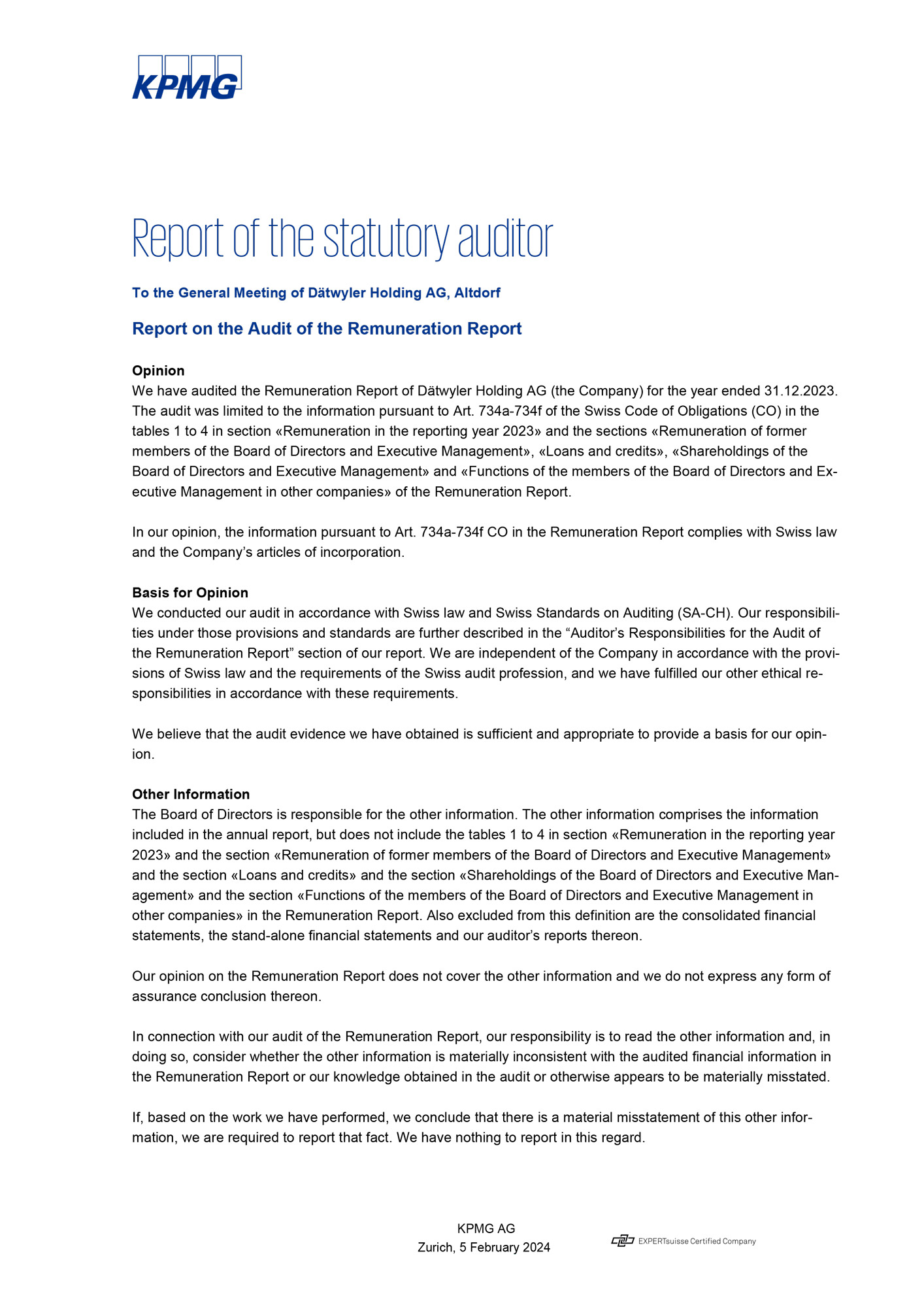 Remuneration Report 2023 KPMG Report statutory auditor
