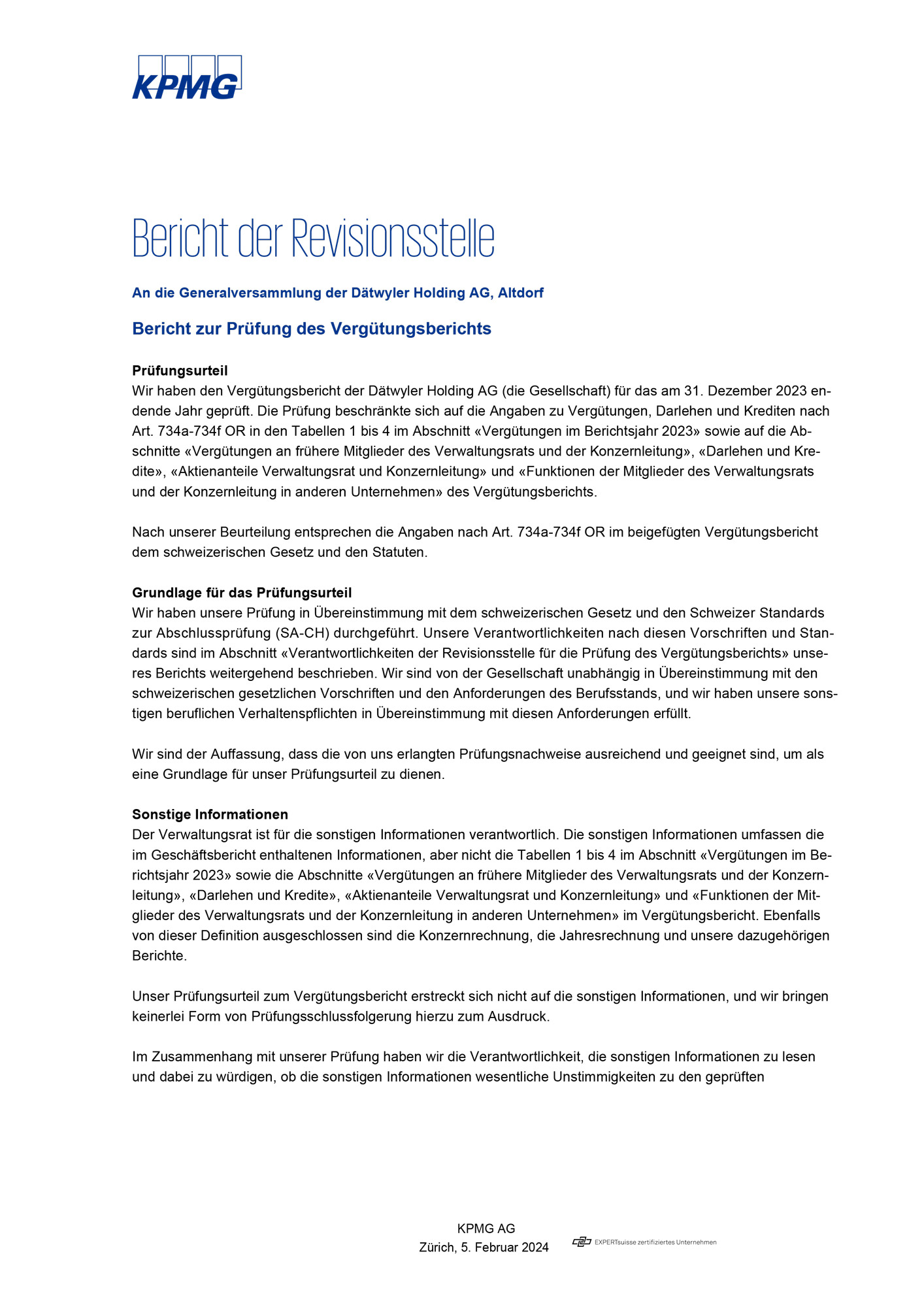 Remuneration Report 2023 KPMG Report statutory auditor