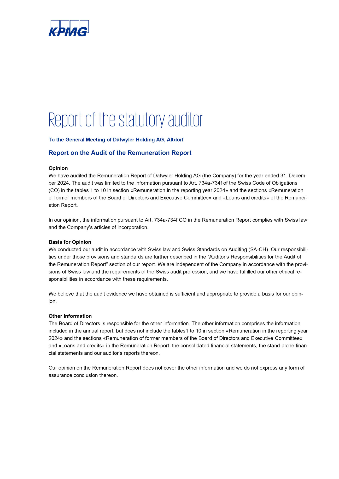 Remuneration Report 2024 KPMG Report statutory auditor