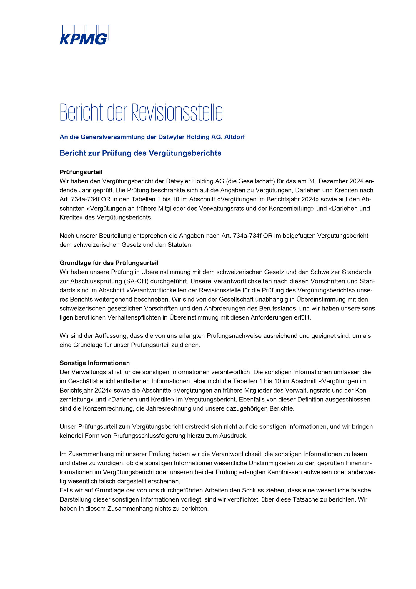Remuneration Report 2024 KPMG Report statutory auditor