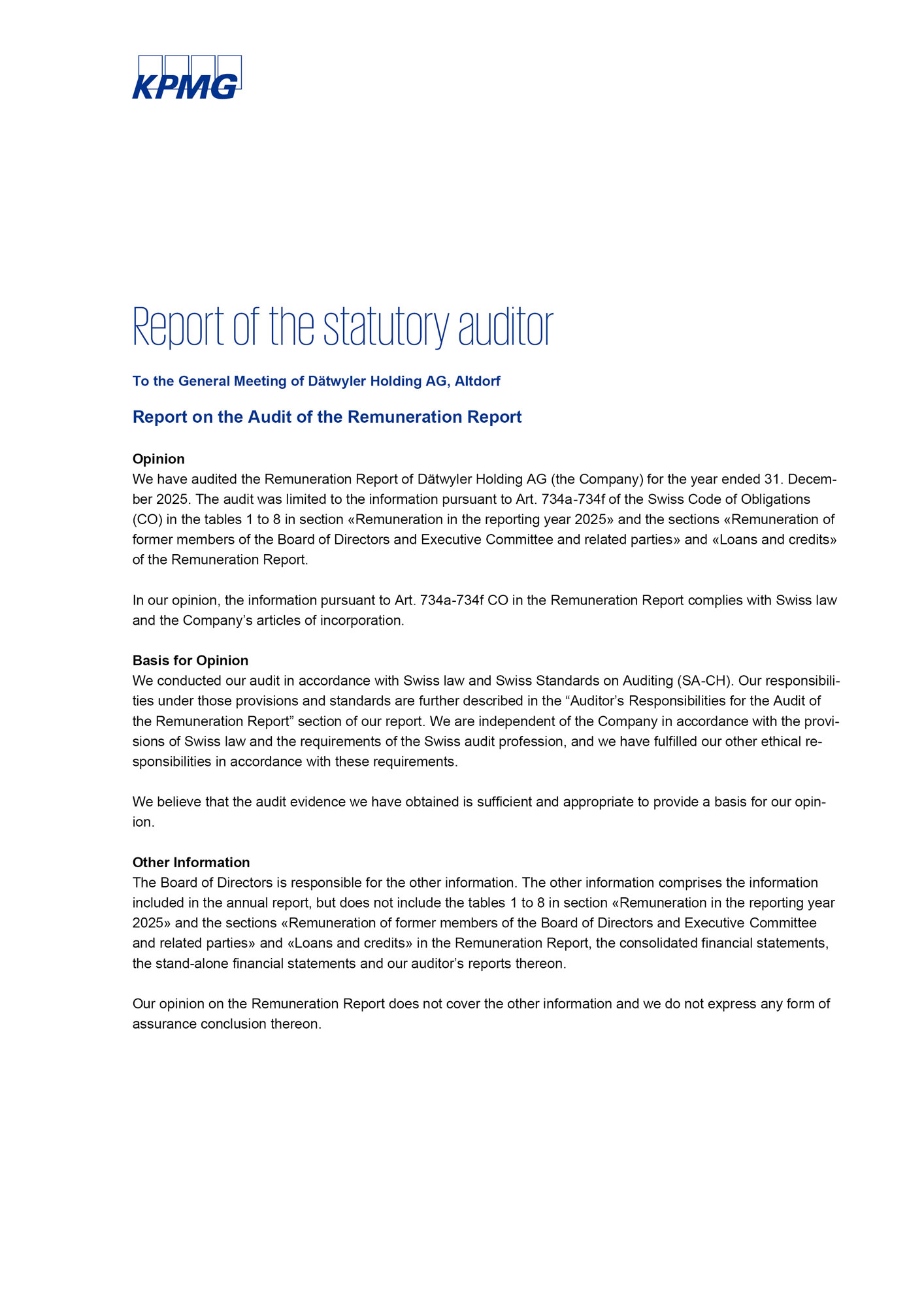Remuneration Report 2025 KPMG Report statutory auditor