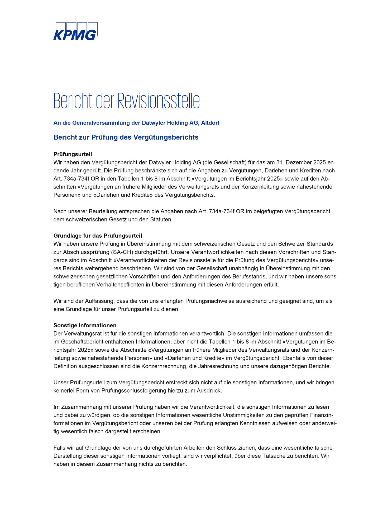 Remuneration Report 2025 KPMG Report statutory auditor